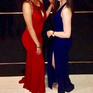 Navy Blue Lace and Sequence Prom Dress Open back.